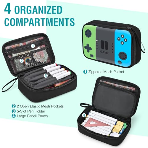 Large Pencil Box for Boys - Gamer Pencil Case Pouch with Zipper Compartment, Durable Wipable Fabric, Easy to Clean, Big Soft School Supplies Organizer Bag for Kids Grades 1-6 - color: Green & Teal