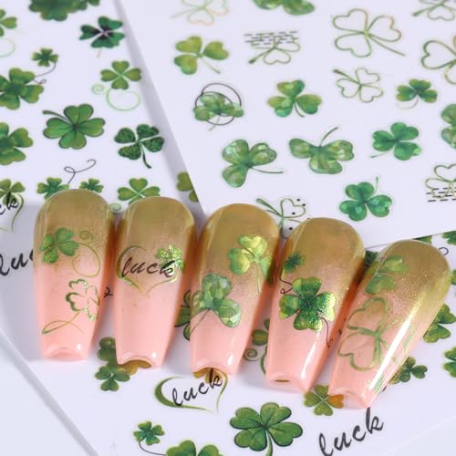 11 PCS St. Patrick's Day Nail Art Stickers 3D Self-Adhesive Green Shamrock Nail Decals Green Leaf Shape Clover Sticker DIY Spring Holographic Designs Manicure Decoration Nail Supplies for Women - style: Green Leaves