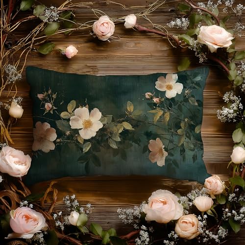 Vintage Dark Green Floral Pillow Covers 12x20 Double-Sided,Rustic Farmhouse Spring Summer Wildflower Flower Botanical Decorative Throw Pillow Covers for Home Bedroom Living Room - color: Floral-14, size: 20" x 12" (Pack of 1)