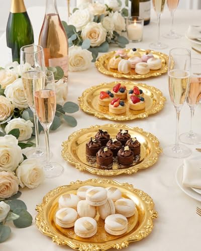 2PCS Coffee Table Tray 11.8in Round Decorative Tray Vintage Metal Dessert Plates for Snacks Fruit Gold - color: Gold, size: 11.8 in