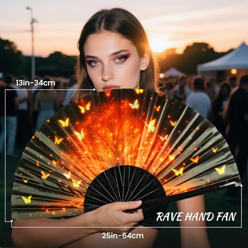 SYNTECSO Folding Hand Fan for Rave, UV Glow Clack Fan - color: Trees of Fire