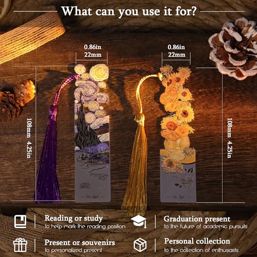 JA&MIU 2PCS Metal Bookmark with Tassel, Oil Painting Sunflower & Starry - style: Sunflower and Starry Night