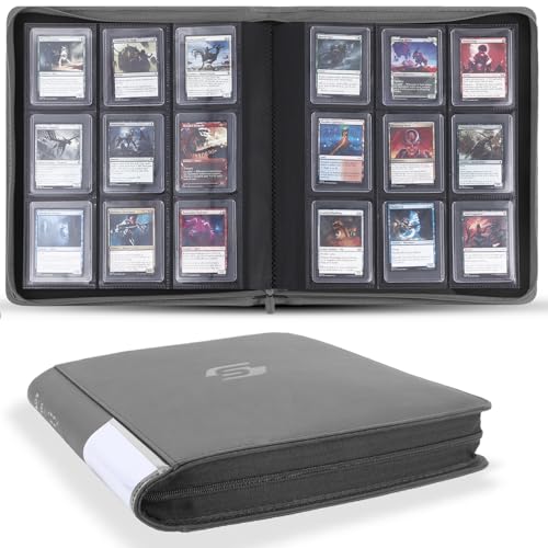 Snekdy Top loader Binder, 9 Pockets Top Loader，Holds 360 Top Loaders cards, Card binder with Sleeves for card in 3 x 4 inches color smooth Zipper PU Leather (Light Grey) - color: Light Grey