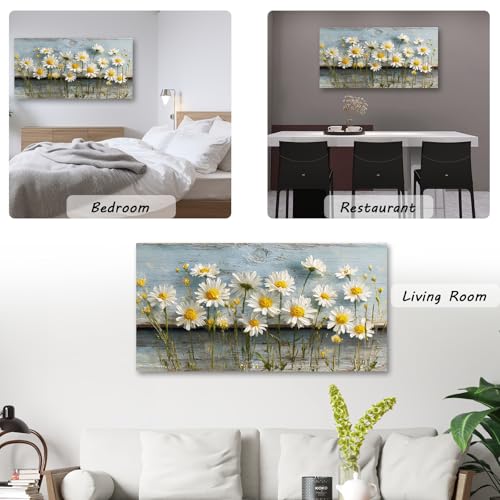 KZKU Rustic Floral Canvas Prints Wall Art Large Daisy Print on Weathered Blue Wood Background- Modern Farmhouse Decor for Living Room Bedroom 24X48in - color: blue-1, size: 48"L x 24"W