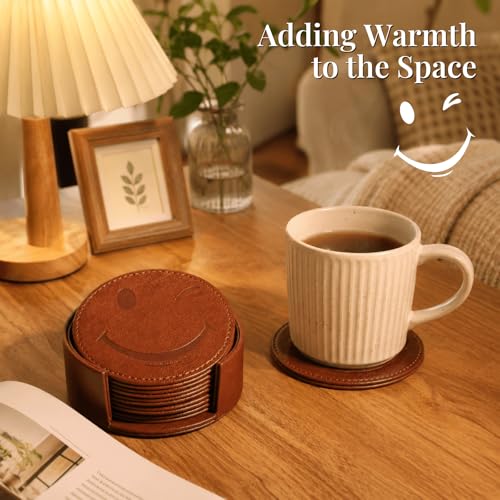 Coasters for Drinks Set of 6 with Holder, 6-Piece Leather Coasters with Embossed Smiley Designs - Durable Drink Coasters Set for Home, Bar, or Office - Brown - color: Brown