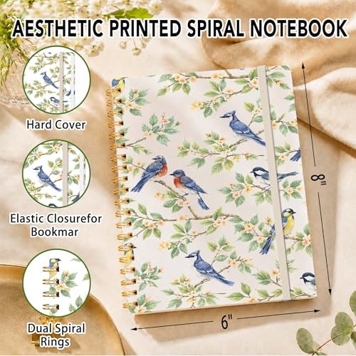 Blue Bird Lined Spiral Notebook, Pretty Hardcover Journal 6'' x 8.4'', Floral Notebook for Women, Work, Writing, Note Taking, Journaling Gift - color: Flower Bird