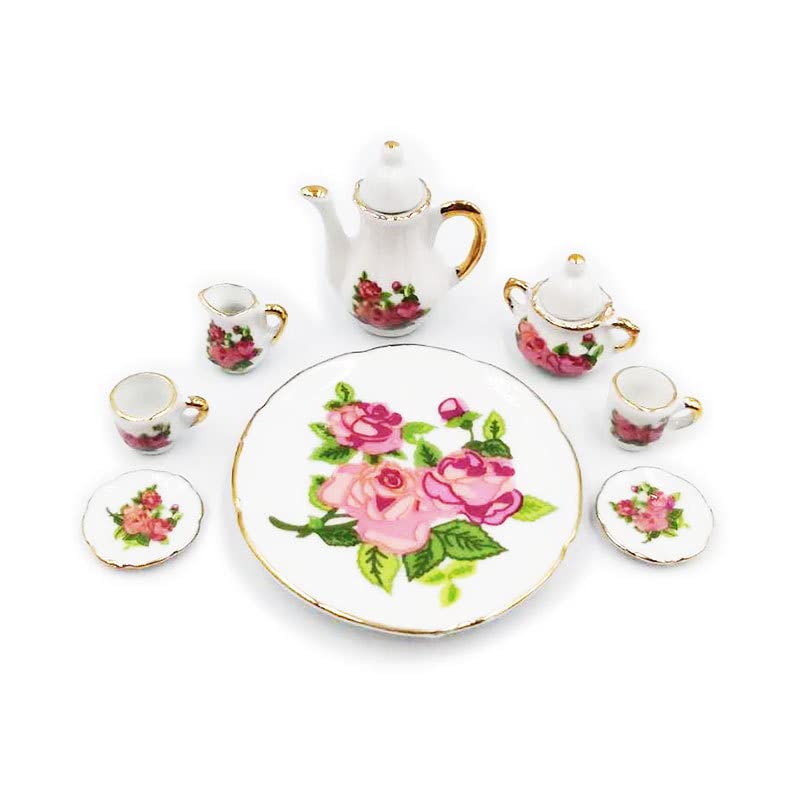 Miniature Tea Set 1/6 Scale Dollhouse Accessories Porcelain Rose - color: Rose