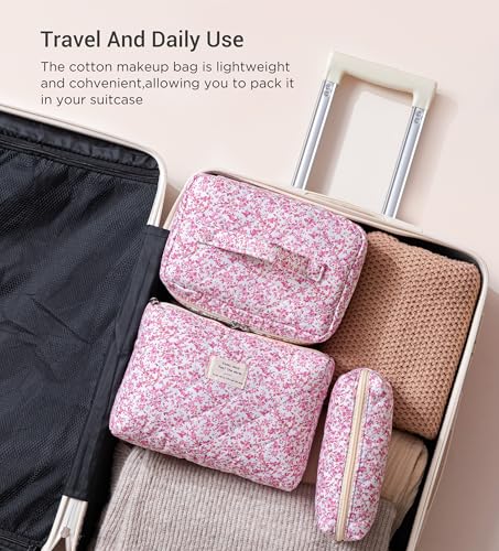 HBselect Quilted Makeup Bag, 3Pcs Cotton Large Travel Makeup Bags Organizer - color: A-3PCS-Floral 20