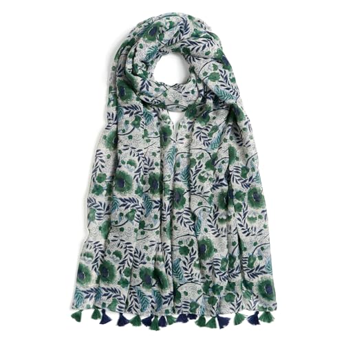 QIUTIMIY Scarf for Women Lightweight Soft Floral Leopard Printed Scarves Fall Winter Fashion Shawl Wrap with Fringe - color: Flower-green Blue