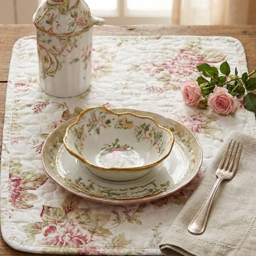 DaDa Bedding Cottage Roses Floral Dining Table Placemats - Set of 4-Pieces Quilted Cotton Dainty Flower Blossoms Garden - Decorative Grandmillenial Linen Kitchen Tea Time Ivory White Mats - 13” x 19”