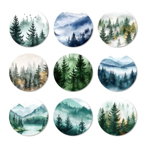 ANATTASOUL Watercolor Forest Mountain Wooden Coasters Set of 9 Bulk(3.9") - style: Watercolor Forest Mountain