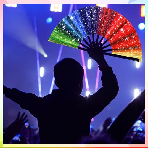 Maitys 2 Pack Foldable Fans for Rave Dancing,Rainbow,Flash Pattern - color: Rainbow, style: Flash Pattern