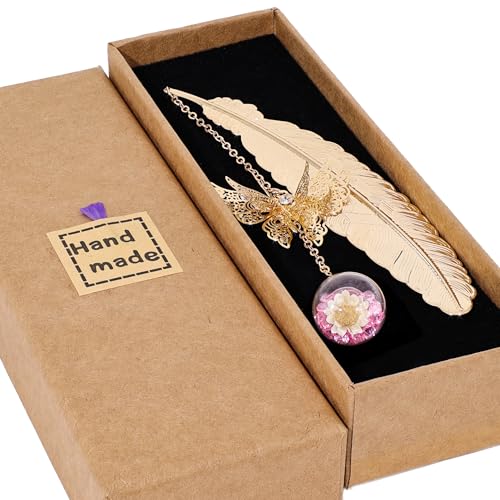 Toirxarn Metal Feather Bookmark, Back to School Teacher Gift for Women - color: Feather Gold - Pink Crystal With White Flowers