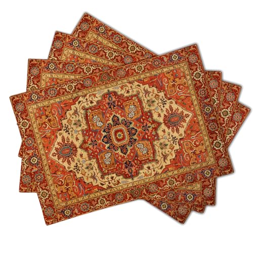 Giwawa Boho Ethnic Placemats Set of 4 Vintage Orange Brown Retro Flower Decorative Linen Table Place Mats 12"x18" Rustic Country Style Floral Place Mats Heat Resistance for Kitchen Dining Farmhouse - color: Boho Ethnic