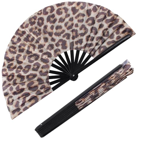 Large Folding Hand Fan for Men/Women, Rave Handheld Fan, Clack Summer Rave Handheld Fan for Disco Party, Beach, Dancing, Gift(Leopard) - color: Leopard
