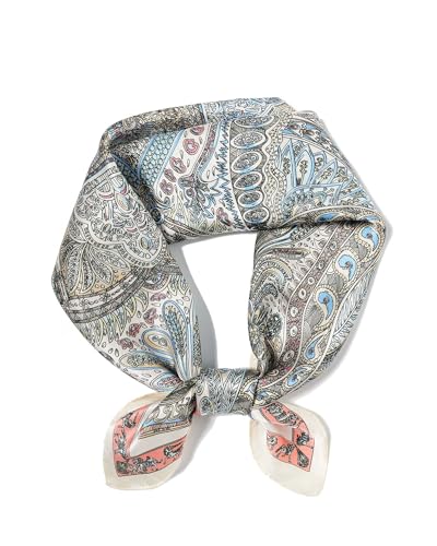 100% Mulberry Silk Scarf for Women Lightweight 21" Small Square Neck Scarf Headscarf Neckerchief Gift Packed - color: Grey Blue Pink Paisley