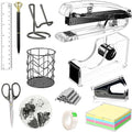 Office Desk Accessories, Acrylic Stapler, Staple Remover, Tape Holder, Pen Holder, Ballpoint Pen, Scissor, Binder Clips, 1000pcs Staples, Phone Holder, Ruler, Transparent Glue and 300 Notes - color: Black