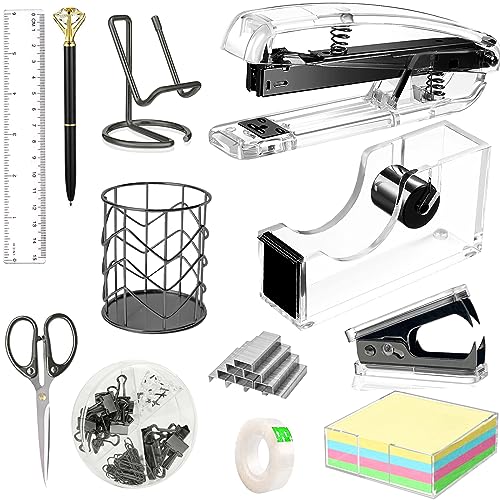 Office Desk Accessories, Acrylic Stapler, Staple Remover, Tape Holder, Pen Holder, Ballpoint Pen, Scissor, Binder Clips, 1000pcs Staples, Phone Holder, Ruler, Transparent Glue and 300 Notes - color: Black