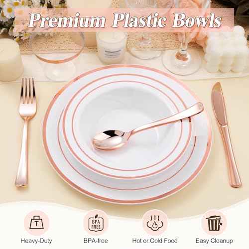 BESTSTAR 50 Pack Disposable Soup Bowls with Rose Gold Rim - color: Rose Gold, size: 50 pack