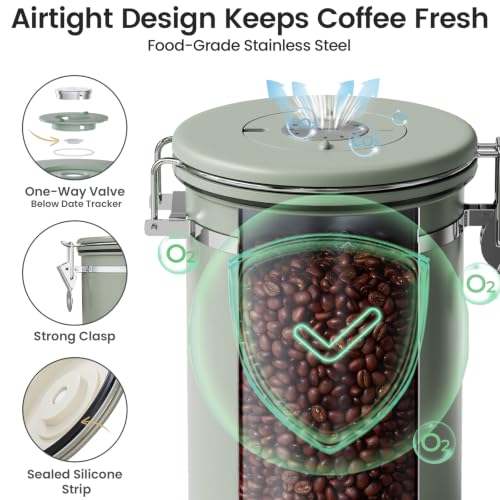 Veken Coffee Canister with Window, Airtight Stainless Steel Container, 22OZ - color: Green, size: 22 oz