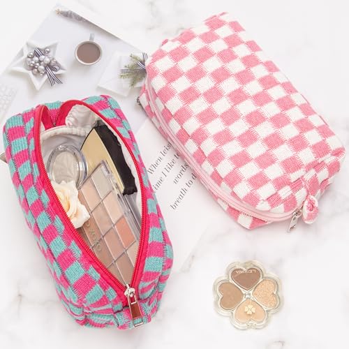 PAZIMIIK Checkered Makeup Bag for Purse, Small Travel Cosmetic Pouch,Pink - color: Pink