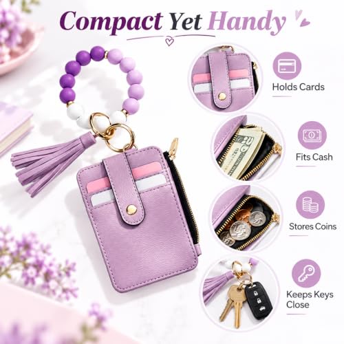 Boho Beaded Wallet Wristlet Keychain Card Holder Tassel Purse - color: A1:purple