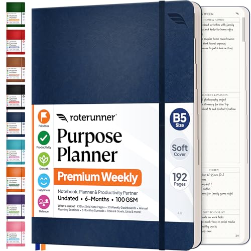 Roterunner Purpose Planner Notebook B5 7.5”x9.8” Undated Planner 2026 Daily Weekly and Monthly Productivity Goal Setting Tool for Work Home ADHD Planner for Adults Self Care Journal - color: Blue, style: B5 Softcover