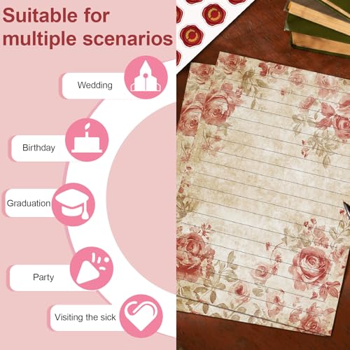 160 Pcs Stationery Set with Envelopes, 50 A5 Sheets of Stationery (10 Designs) with 50 Envelopes and 60 Stickers, Letter Writing Stationery for Home, Office, School, Set G - color: Vintage floral stationery