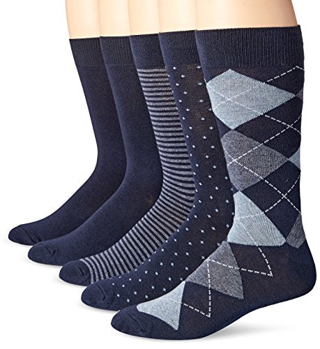 Amazon Essentials Men's Patterned Cotton Dress Crew Socks, 5 Pairs - color: Assorted Navy, size: 13-15