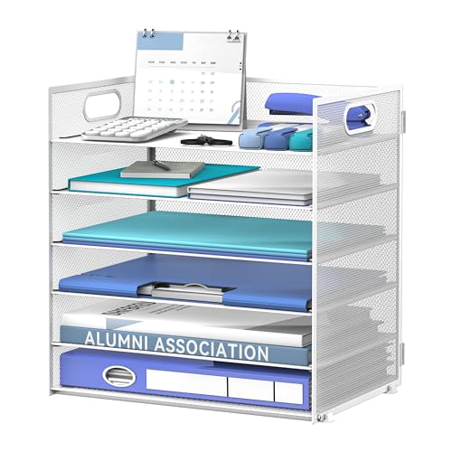 Daltack 6-Tier Paper Organizer for Desk with Handle, White - color: White