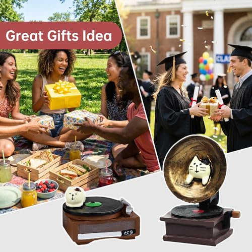 RAQWI Cat Phonograph & Record Player Figurines, Resin Desk Decor - color: Music