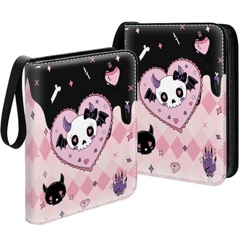 Card Binder 400 Pockets, 50 Sleeves Large Binder Trading Cards Holder 4 Pocket, Storage Organizer, Album Folder Case Protector Collector Gift Heart Skull Pink Plaid - color: Heart Skull Pink Plaid, size: 4 Pocket