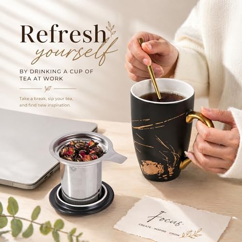 AmorArc Tea Cup With Infuser and Lid, 18oz Loose Leaf Tea Mug With Steeper - color: Black