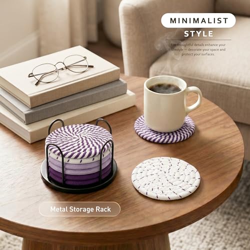 Lazebox Coasters Set of 8 for Drinks, 4 Inch Large Coasters for Coffee Table, Tabletop Protection for Hot & Cold Drinks, Versatile Coasters for Home Decor, Non-Slip & Easy to Clean - color: Purple