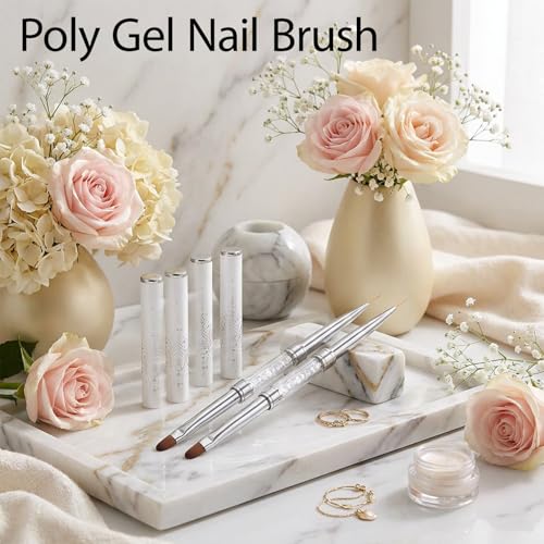 2Pcs Professional Hard Gel Nail Brushes, Dual-Ended Builder Gel Brush Set with Rhinestone Handle, Oval & Liner Brushes for French Tip, Acrylic & Polygel Application