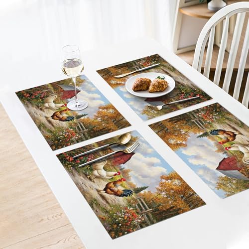 Farmhouse Rooster Placemats Set of 6, Farm Chicken Place Mats, Rustic Farm Coop Waterproof Washable Table Mats for Home Party Indoor Kitchen Dining Table Decoration 12x18 Inch - color: Rooster, size: Set of 6