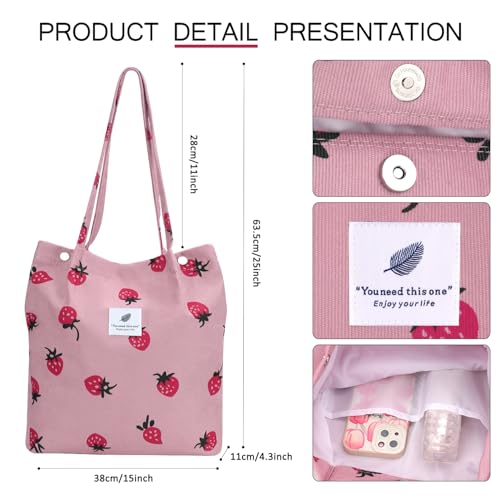 Ayieyill Corduroy Tote Bag for Women Canvas Shoulder Cord Purse with Inner Pocket - color: Pink Strawberry