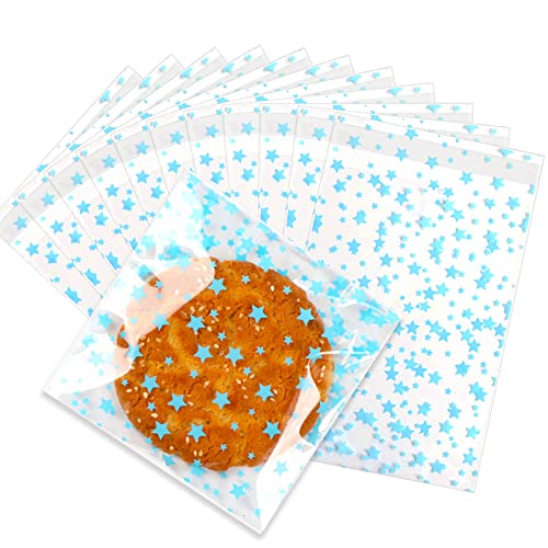 100 Pcs 5x7 In Star Self-Sealing Cellophane Treat Bags, Clear Cookie Bags Candy Bags Resealable Cellophane Gift Bags Goodie Bags Plastic Party Favor Bags for Wedding,Birthday,Baby Shower (Blue) - color: Blue(Self-sealing), size: 5x7 in