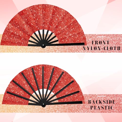 Maitys 2 Pack Foldable Fans for Rave Dancing,Red,Glitter Pattern - color: Red, style: Glitter Pattern