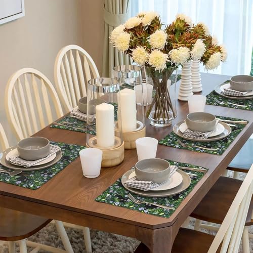 Black Cat Spring Floral Green Placemats Set of 4, Cat Wildflowers Shrub Table Place Mats Linen Washable Heat Resistant Place Mat, Kitchen Dining Restaurant Farmhouse Decoration - color: Green Cat