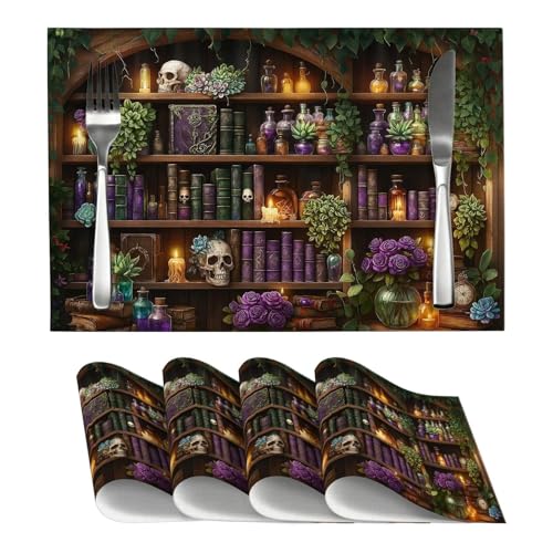 Mysterious Witch Placemats Set of 4, Gothic Witch Bookshelf Table Mat, Vintage Farmhouse Washable Heat-Resistant Waterproof Rectangle Place Mat for Home Party Kitchen Dining Decor - color: Witch
