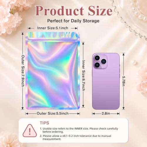 Funfery 100 Pcs Resealable Clear Holographic Bags,Smell Proof,5.5x7.9in - color: Holographic, size: 5.5x7.9 inch