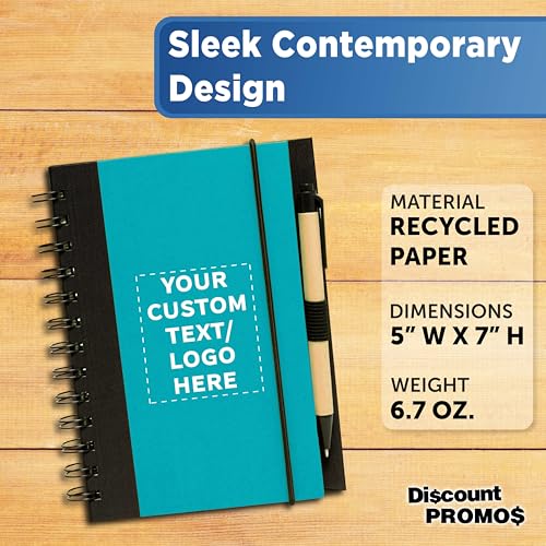 DISCOUNT PROMOS Custom Eco Block Notebooks with Pens Set of 10/50/100, Personalized Bulk Pack - Perfect for School, Office, Business, Home - Aqua - color: - Custom – Aqua, size: 10/50/100 notebooks