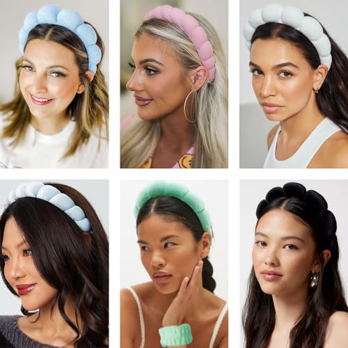 Spa Headbands for Washing Face Wristband Set Sponge Makeup Skincare Headband Wrist Towels Bubble Soft Terry Towel Cloth Hairband for Women Puffy Headwear Non Slip Thick Thin Hair Headwear (Black) - color: Black