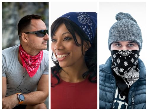 Every-ville Cotton Bandana Handkerchief for Men & Women, 3 Pack - color: Red/Black/Blue