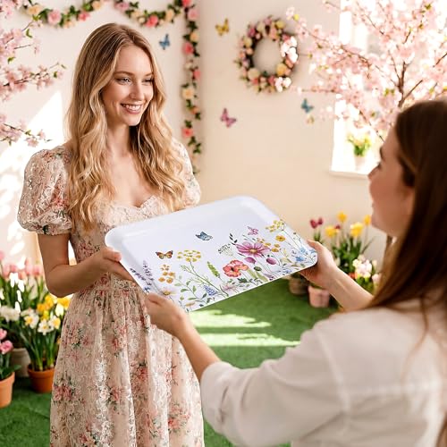 Vesici 4 Pack Wildflower Melamine Serving Trays, 13 x 10 in Rectangular Decorative Platters, Floral Boho Snack & Appetizer Trays for Parties, Buffet, Home Decoration, Multicolor - style: wildflower