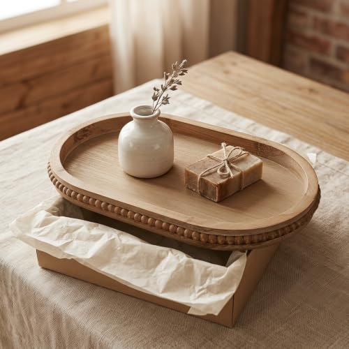 Hrastany Brown Oval Wood Decorative Tray, 15" x 9" Beaded Trim Candle Tray - color: Oval Brown, size: 15" x 9" x 1.2"