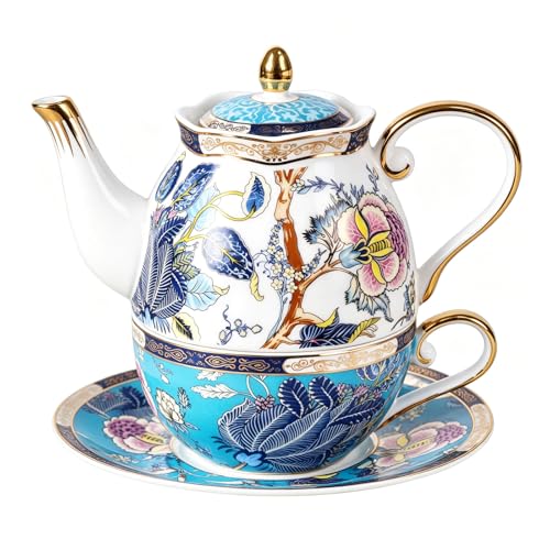 KAMMAK Tea for One Set, Ceramic Teapot, Bone China Tea Set, Cup and Saucer - color: Blue-GH05