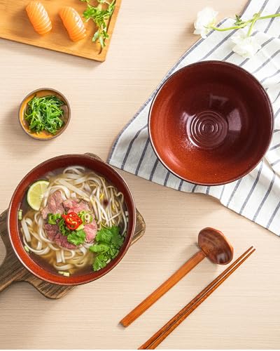 Large Japanese Ramen Bowl Set of 4, Material Safety Ceramic Ramen Bowls with Matching Chopsticks and Spoons, 8 Inch 40oz Pho Bowls Ramen Noodle Bowl for Asian Udon Soup Salad Cereal(Red) - color: Red-4 Bowl Set