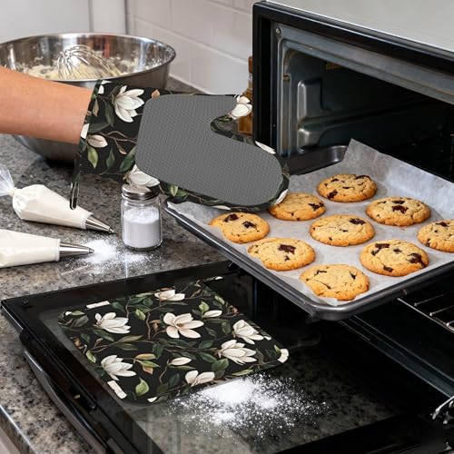 White Magnolia Oven Mitts and Pot Holders (4PCS),Heat Resistant Non-Slip Silicone Kitchen Gloves for Cooking, Baking, BBQ Waterproof Kitchen Accessories - color: White Magnolia